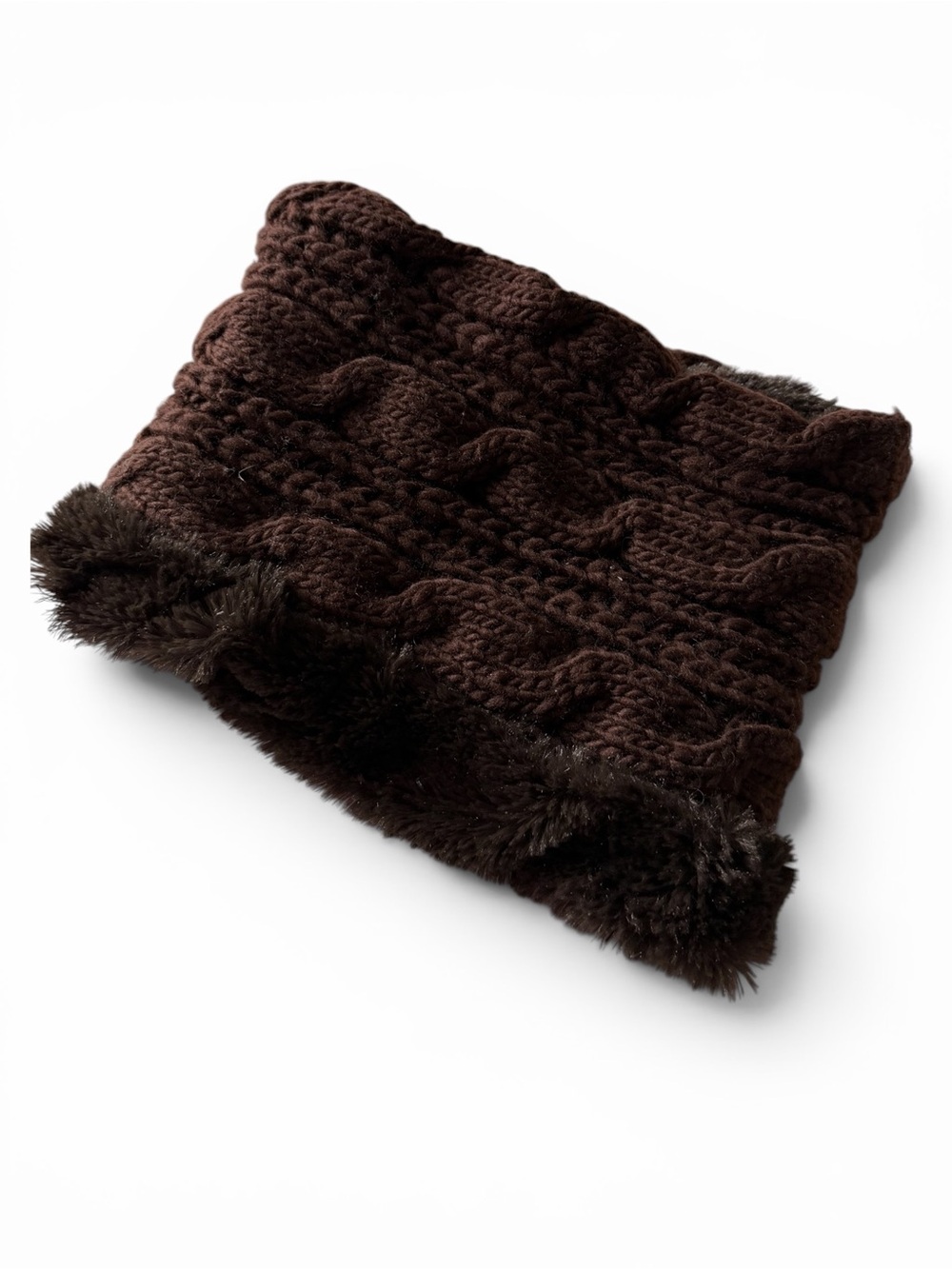 Women's Dark Brown Cable Knit Fur Trim Neck Warmer
